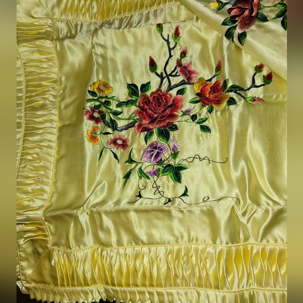 1930's Chinese Mulberry Silk Pillowcases Floral Embroidered Silk &  Satin Fabric